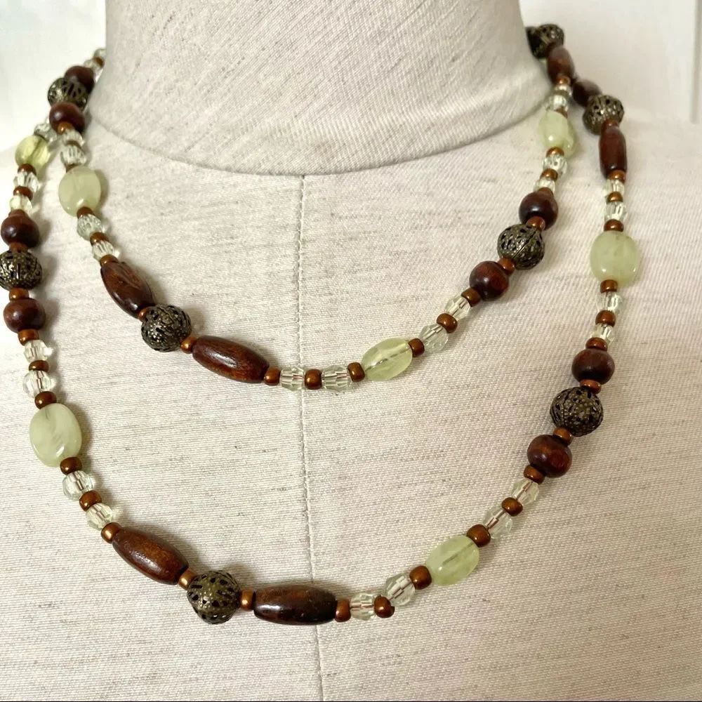 Long green and brown beaded necklace